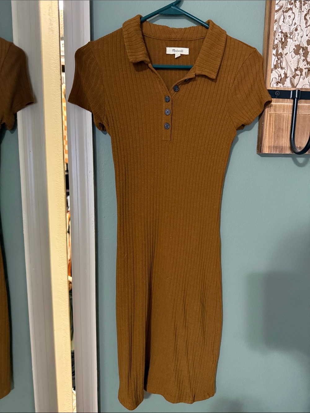Madewell Short-Sleeve Ribbed Polo Dress in Cognac
